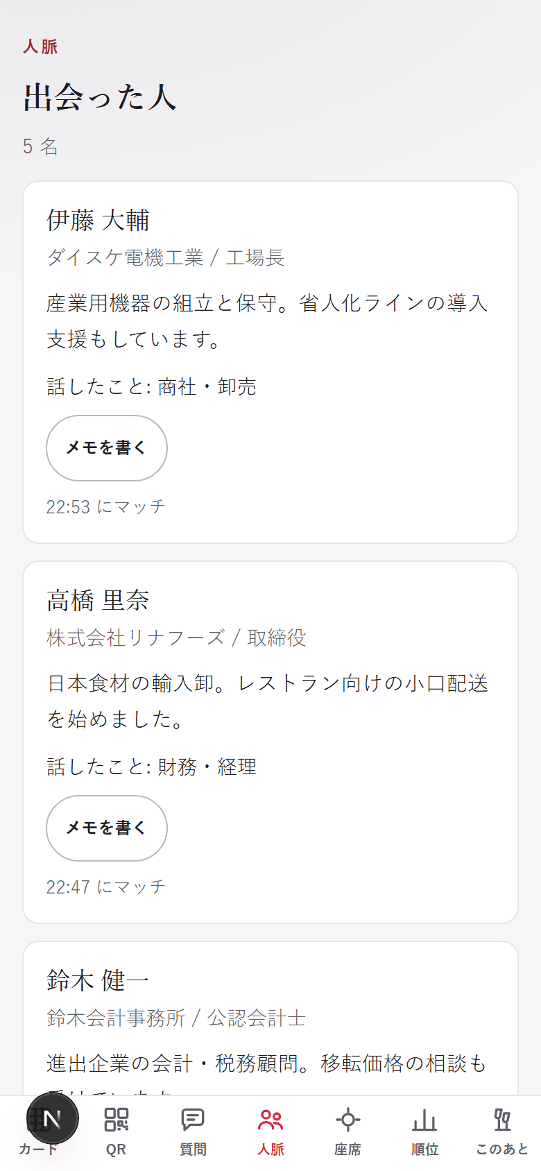 人脈リストの画面。出会った相手の会社名・役職・事業内容とメモ欄が並んでいる